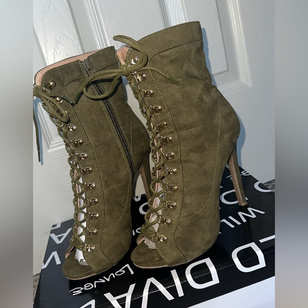 Olive Green Lace Up (Open Toe) Bootie - worn once, for a couple hours